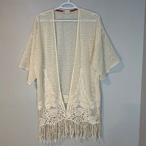 Altar'd State Cream Lace Fringe Trim Kimono M Boho Sheer Duster Embroidered Chic